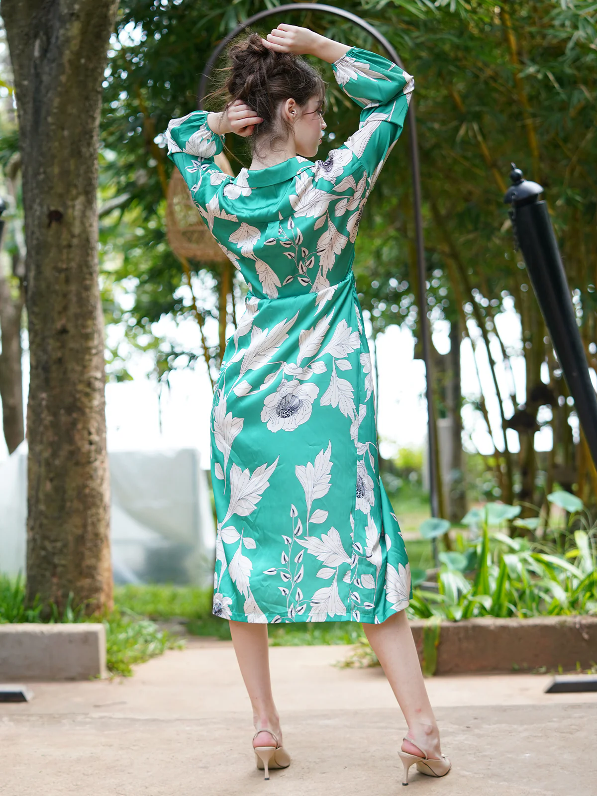 Odette Women Green And White Printed Satin Overlap Dress - Image 4