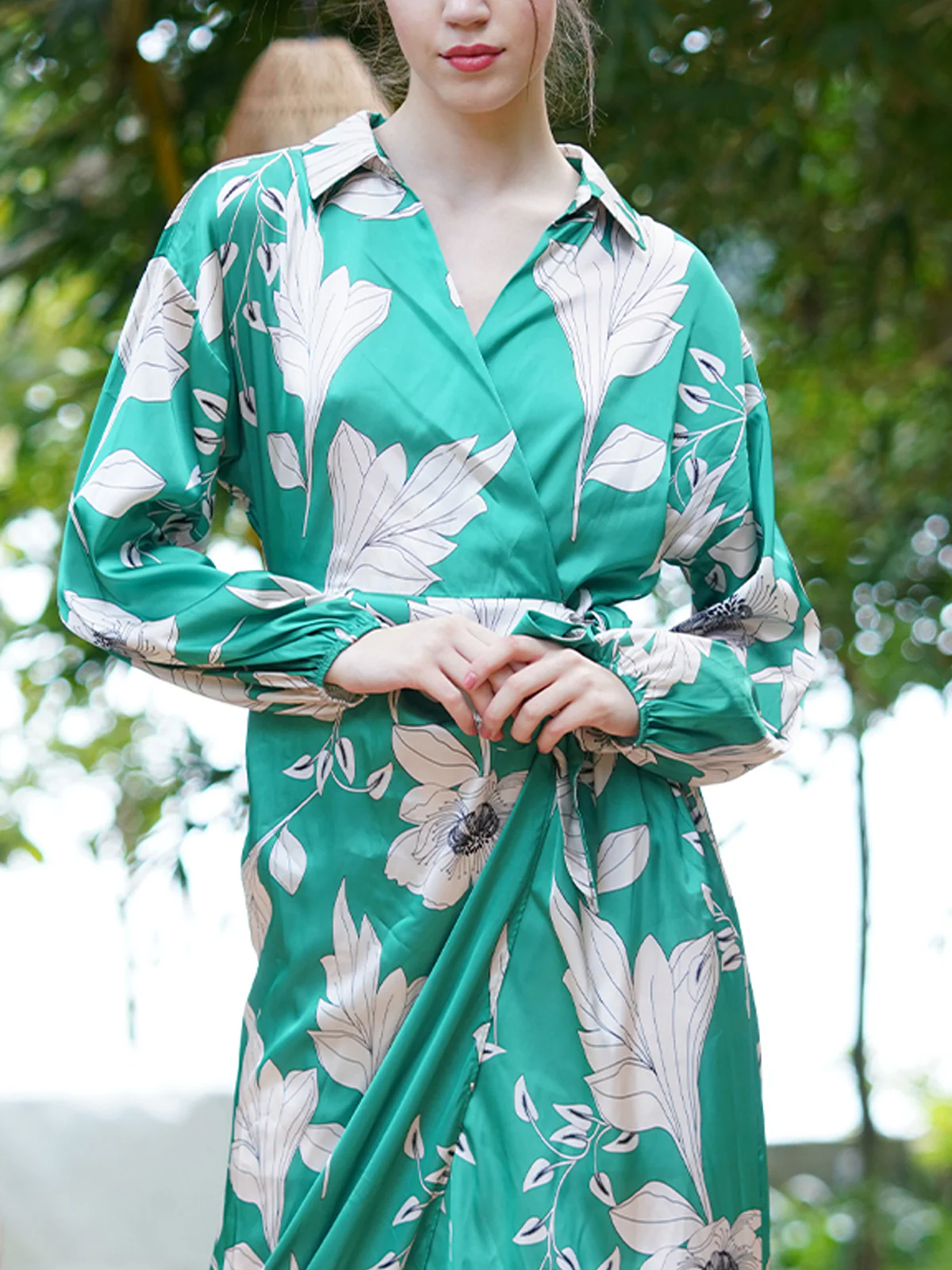 Odette Women Green And White Printed Satin Overlap Dress - Image 5