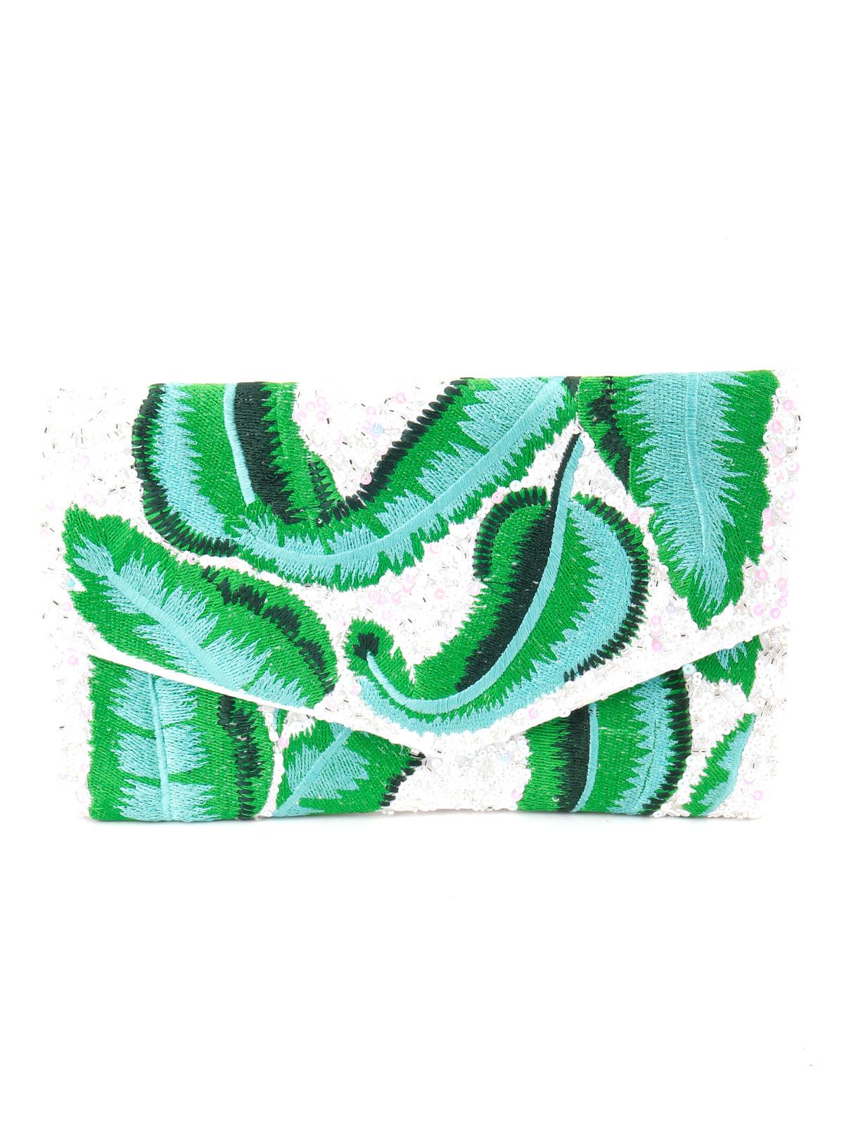 Odette Women Green And White Tickle And Threading Envelope Clutch - Image 3