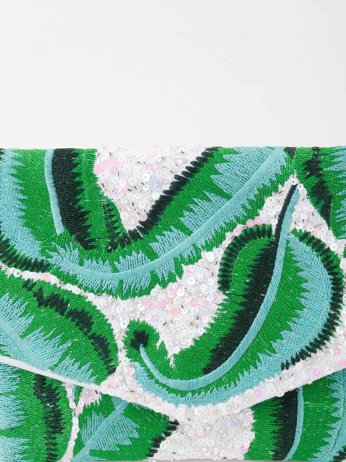 Odette Women Green And White Tickle And Threading Envelope Clutch - Image 5
