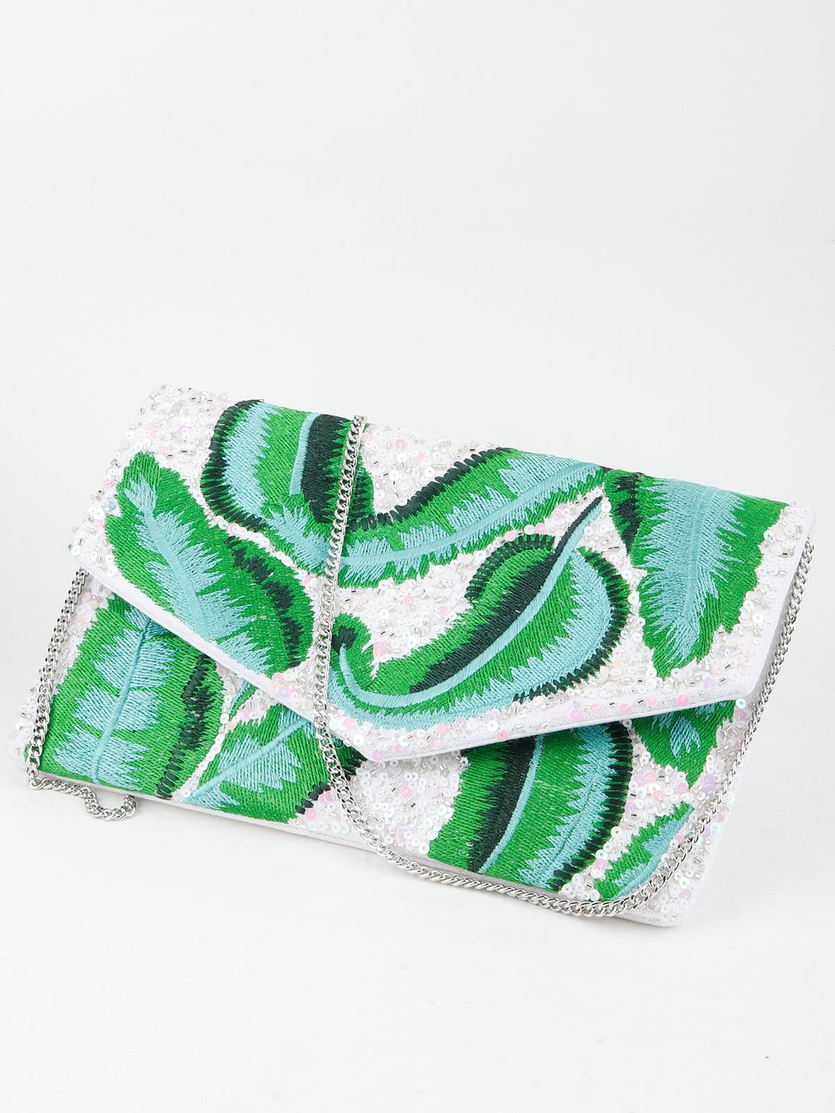 Odette Women Green And White Tickle And Threading Envelope Clutch - Image 6