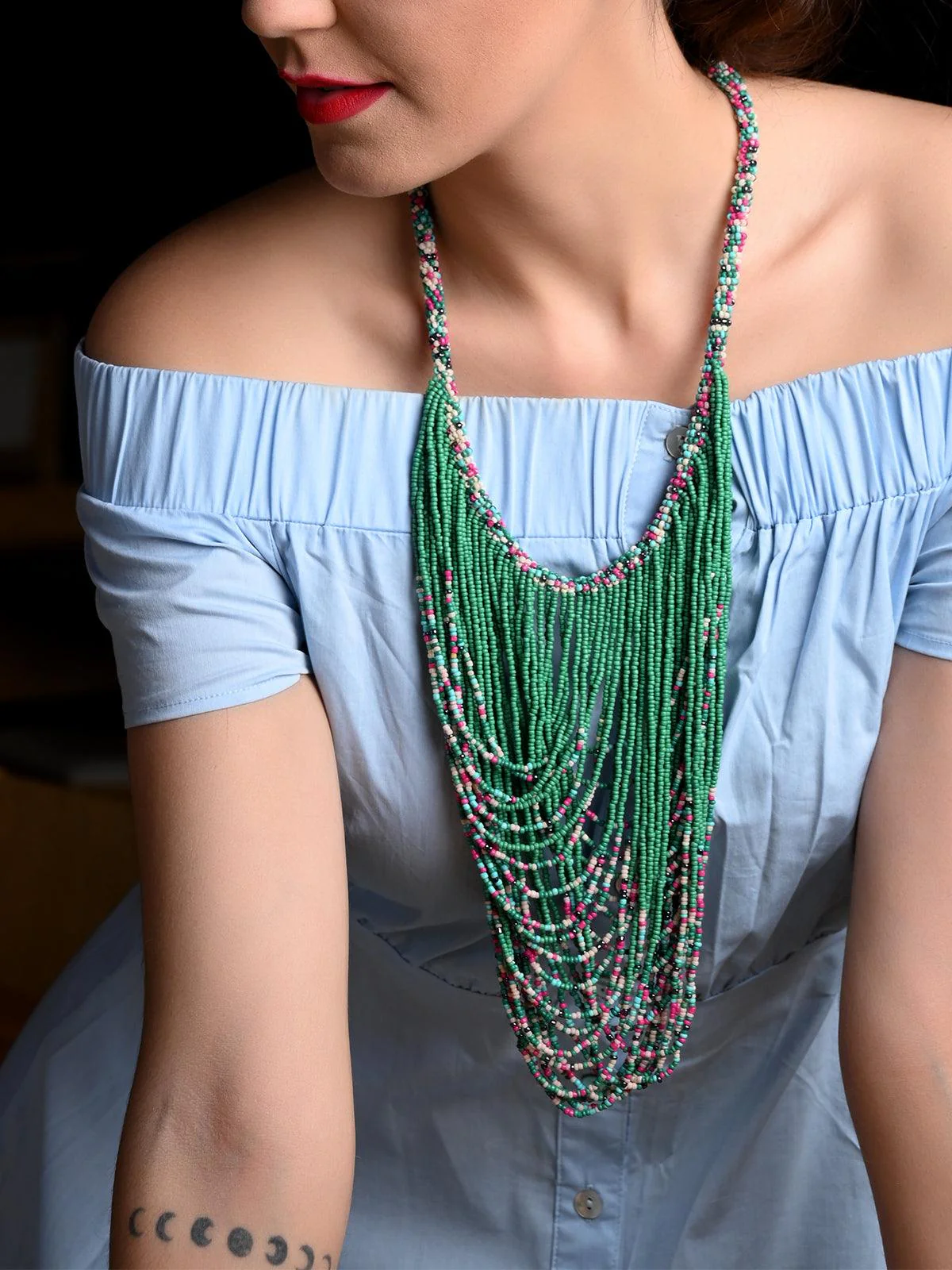 Odette Women Green Beaded Multi-Layered Necklace