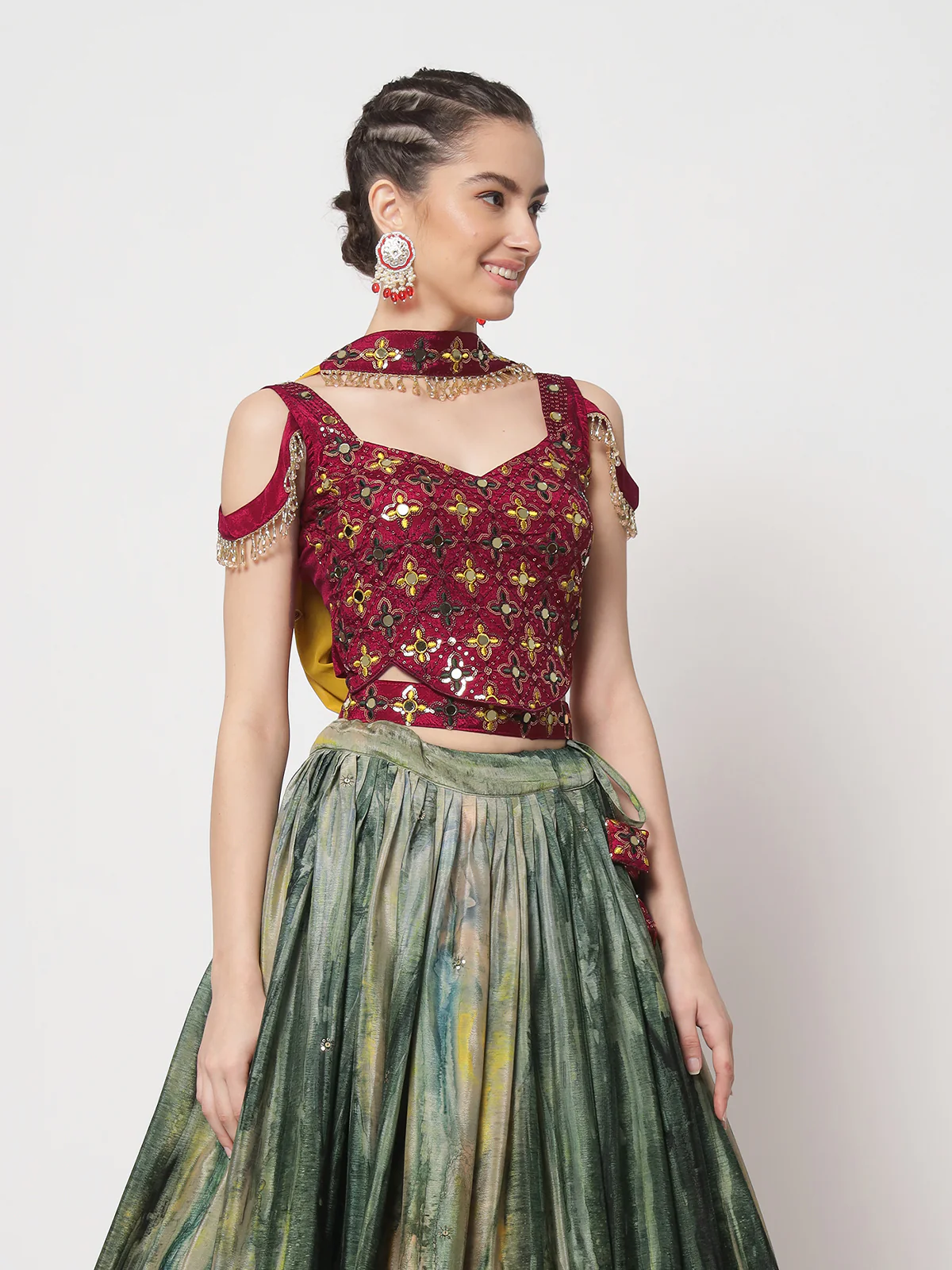 Odette Women Green Chinnon Silk Print With Sequince Embroidered Semi Stitched Lehenga Choli - Image 2