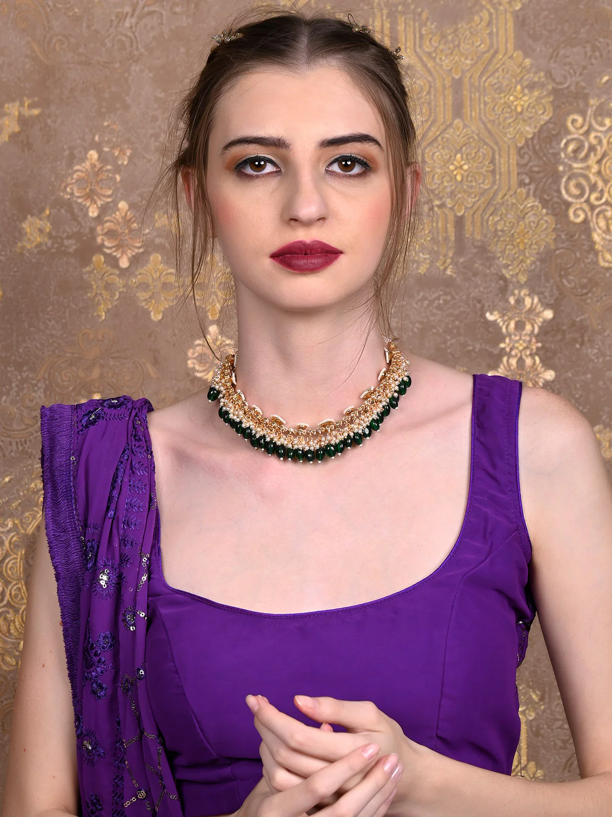 Odette Women Green Cluster Beads Choker Necklace Set - Image 2