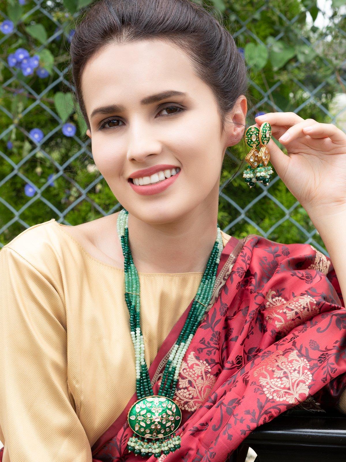 Odette Women Green Metal Haar Necklace Set - Image 2