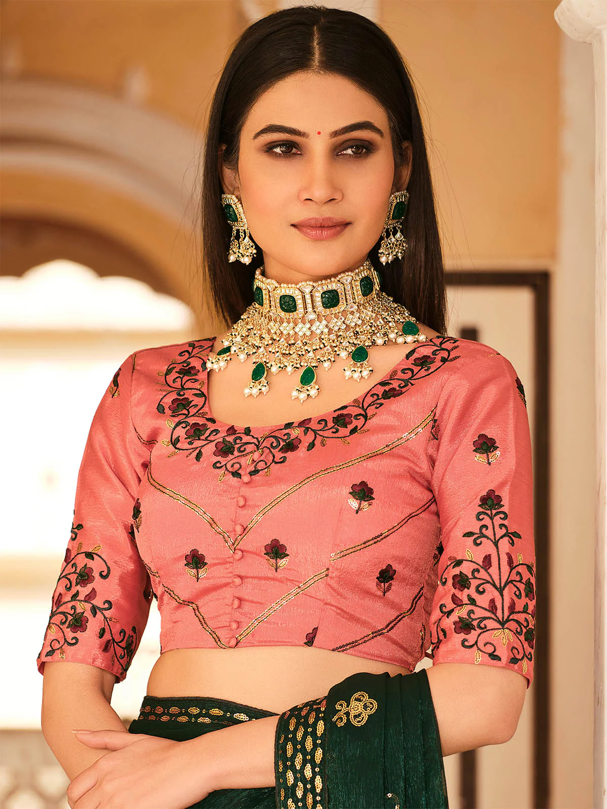 Odette Women Green Designer Chinon Saree With Unstitched Blouse - Image 4