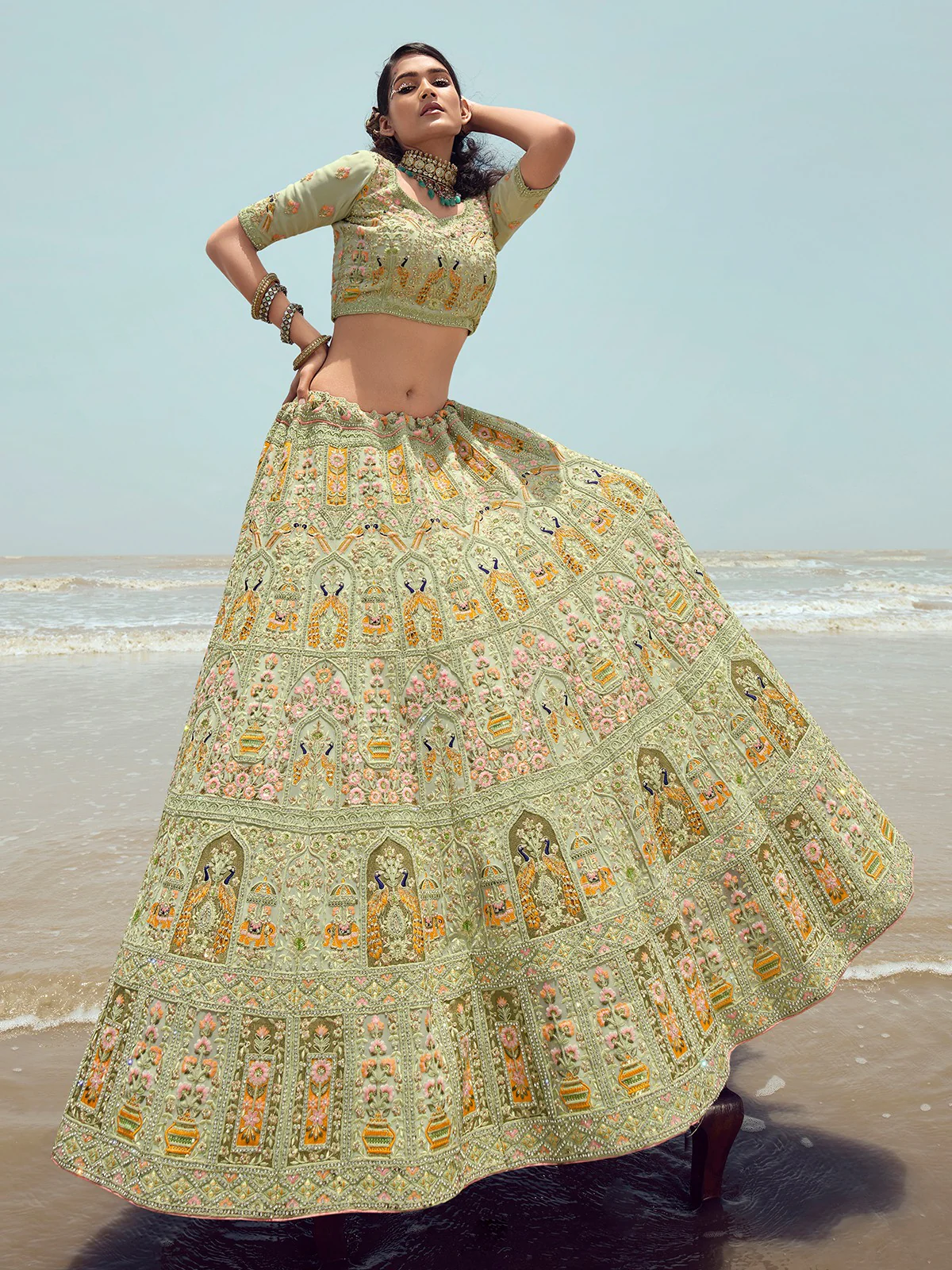 Odette Women Green Embroidered Georgette Semi Stitched Lehenga With Unstitched Blouse - Image 2