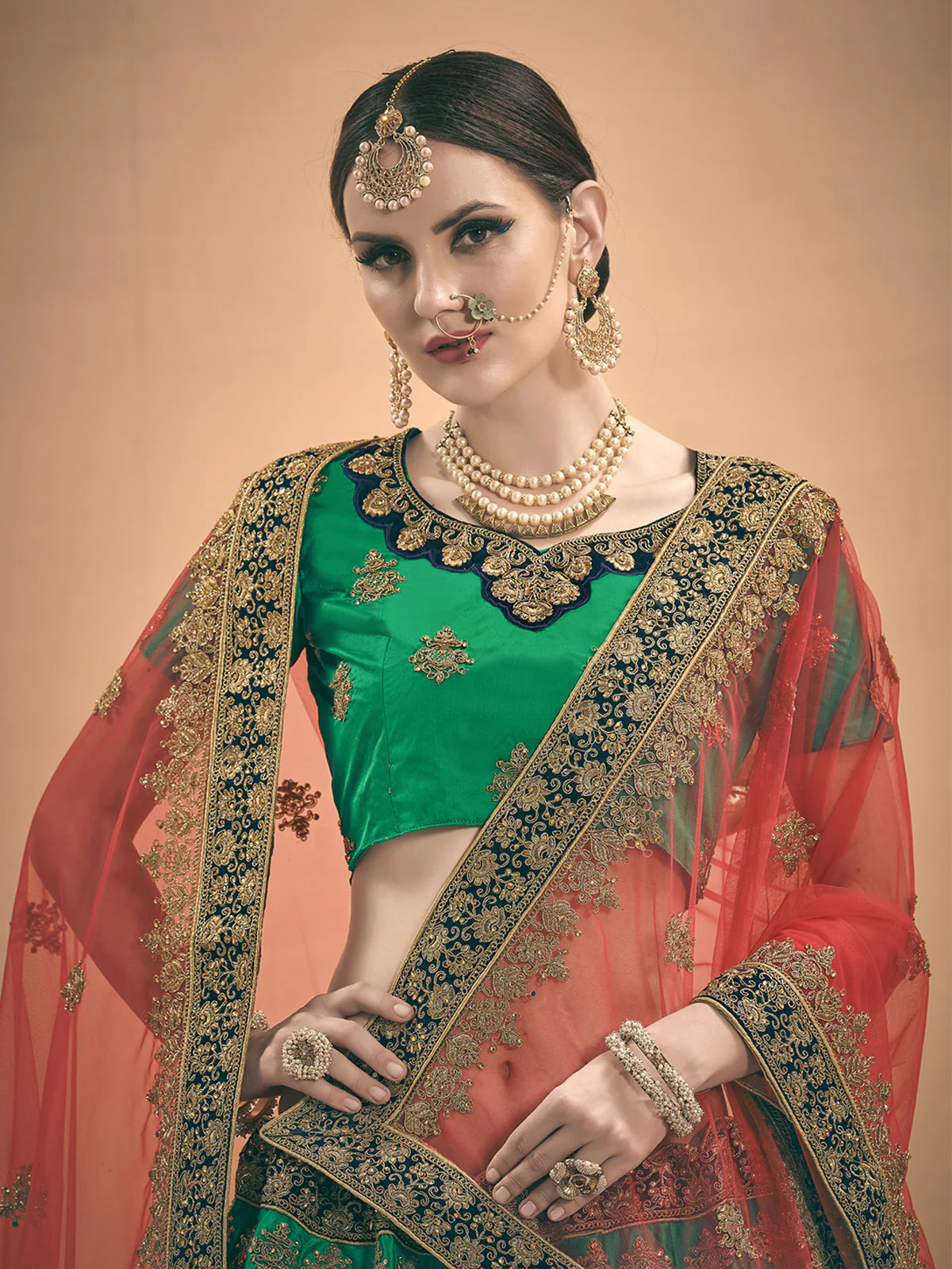 Odette Women Green Embroidered Bridal Semi Stitched Lehenga With Unstitched Blouse - Image 3
