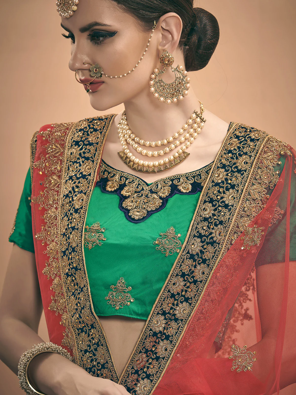 Odette Women Green Embroidered Bridal Semi Stitched Lehenga With Unstitched Blouse - Image 4