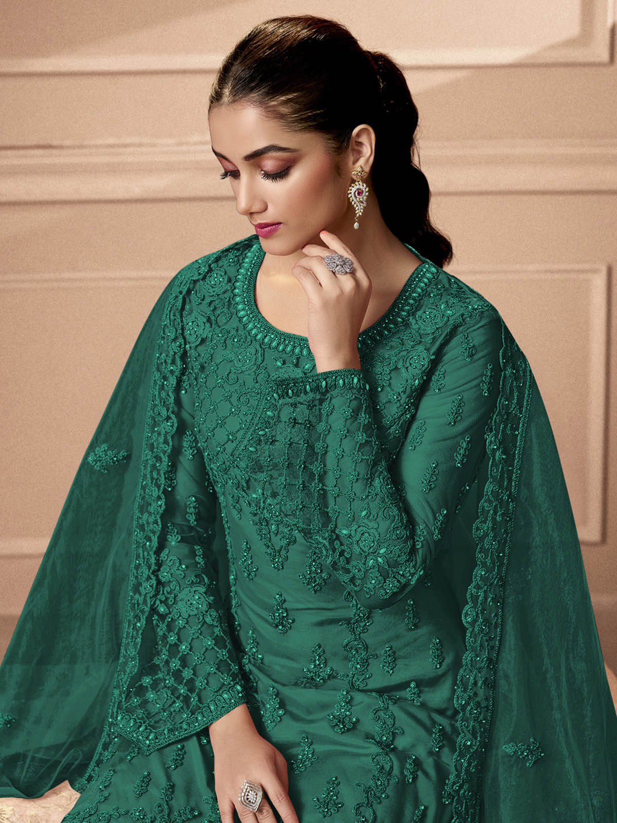 Odette Women Green Embroidered Georgette Semi Stitched Palazo Suit - Image 2