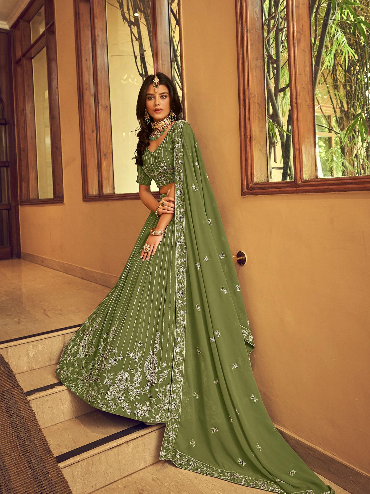 Odette Women Green Faux Georgette Designer Semi Stitched Lehenga With Unstitched Blouse - Image 2