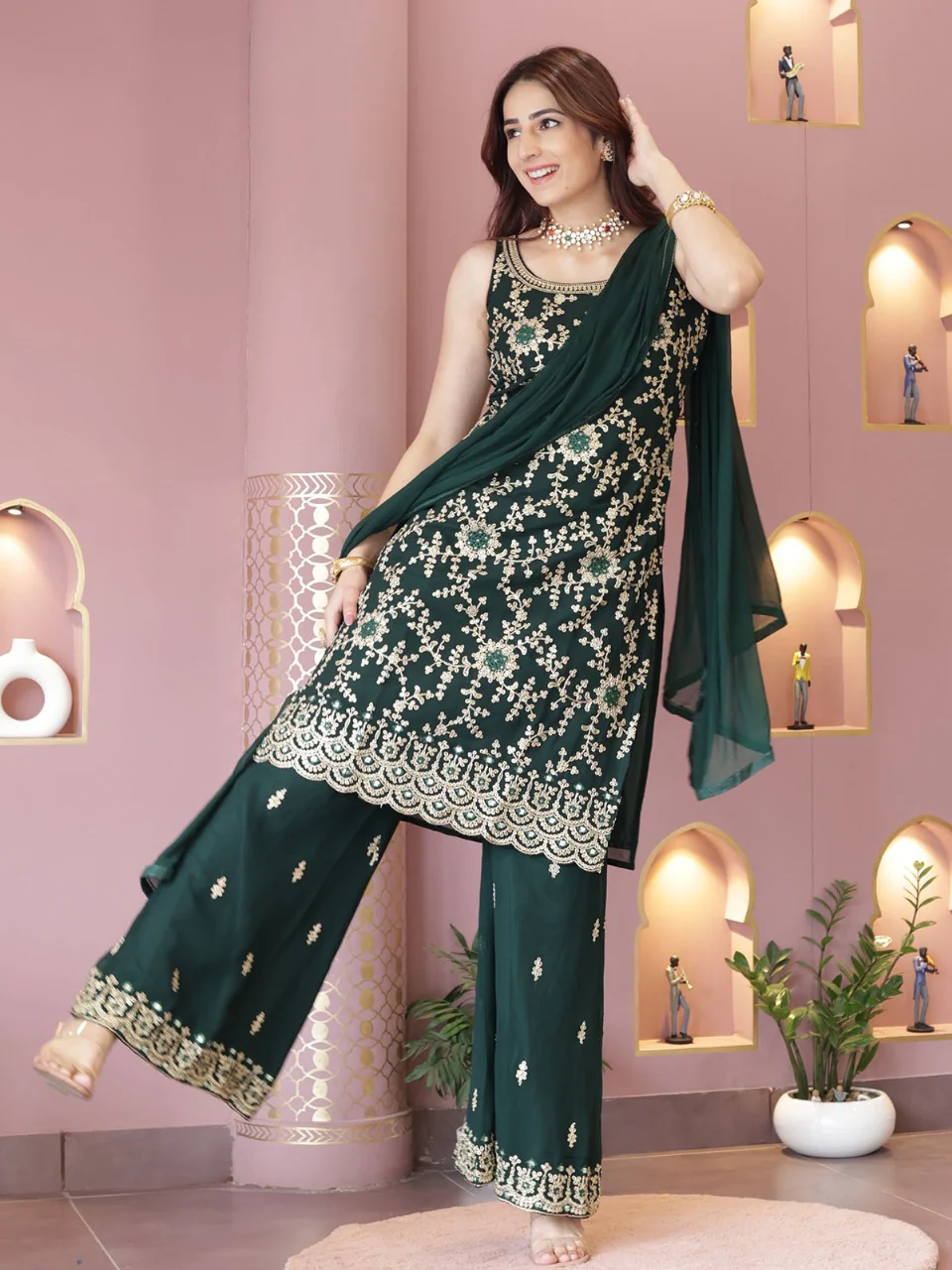 Odette Women Green Faux Georgette Embroidered Semi Stitched Palazzo Suit - Image 2