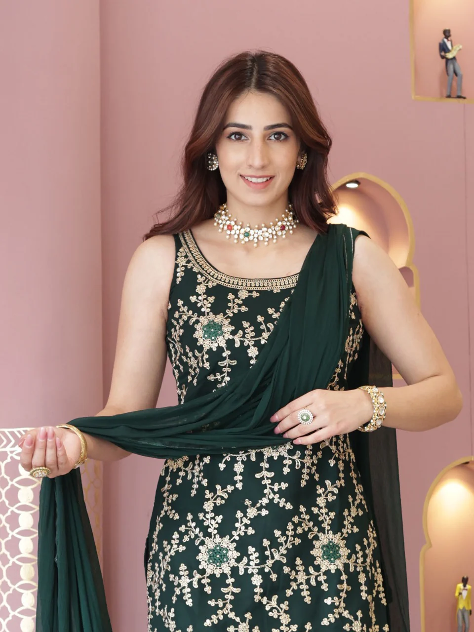Odette Women Green Faux Georgette Embroidered Semi Stitched Palazzo Suit - Image 4