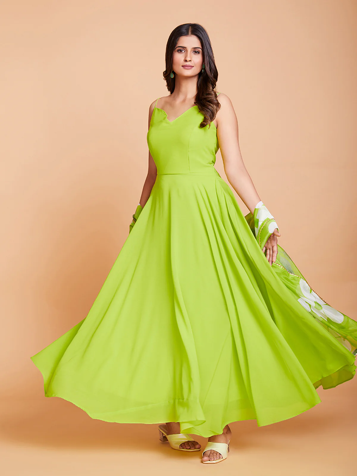 Odette Women Green Faux Georgette Solid Stitched Gown - Image 5