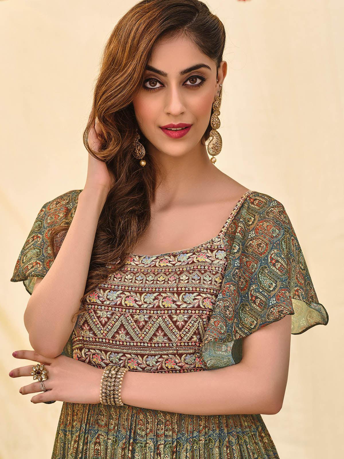 Odette Green Floor Length Semi Stitched Kurta For Women - Image 2