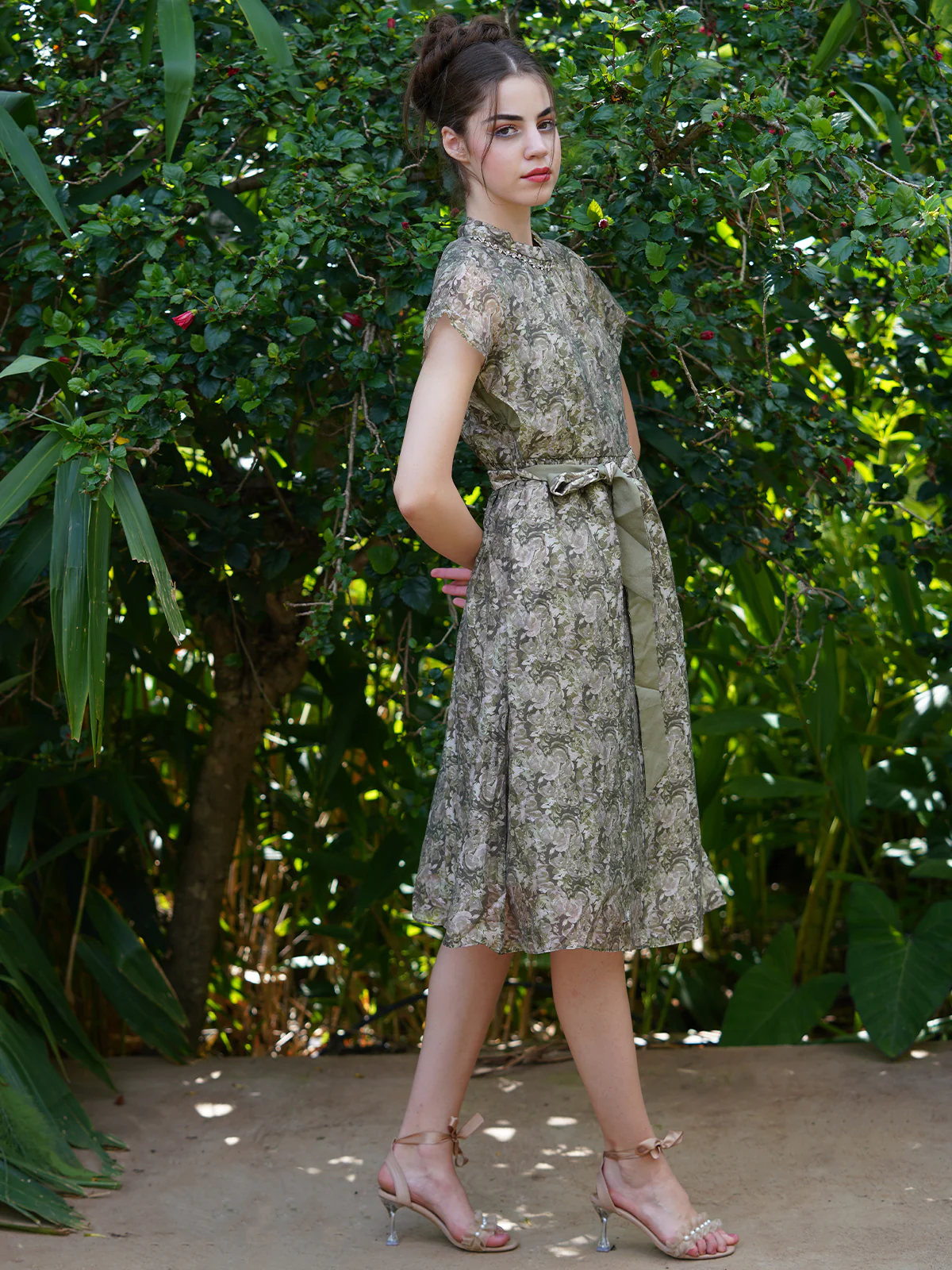 Odette Women Green Floral Printed Polyester Voil Dress - Image 3