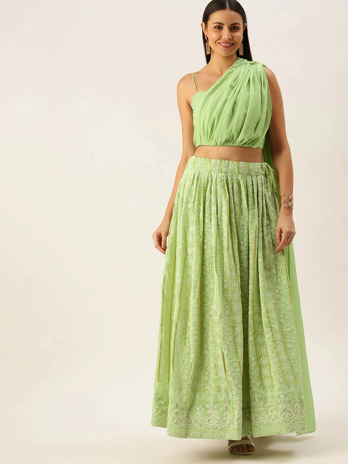 Odette Women Green Georgette Embroidered Semi Stitched Lehenga Choli - Image 2
