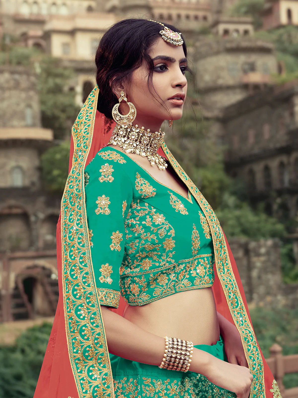 Odette Women Green Embroidered Semi Stitched Lehenga With Unstitched Blouse - Image 2