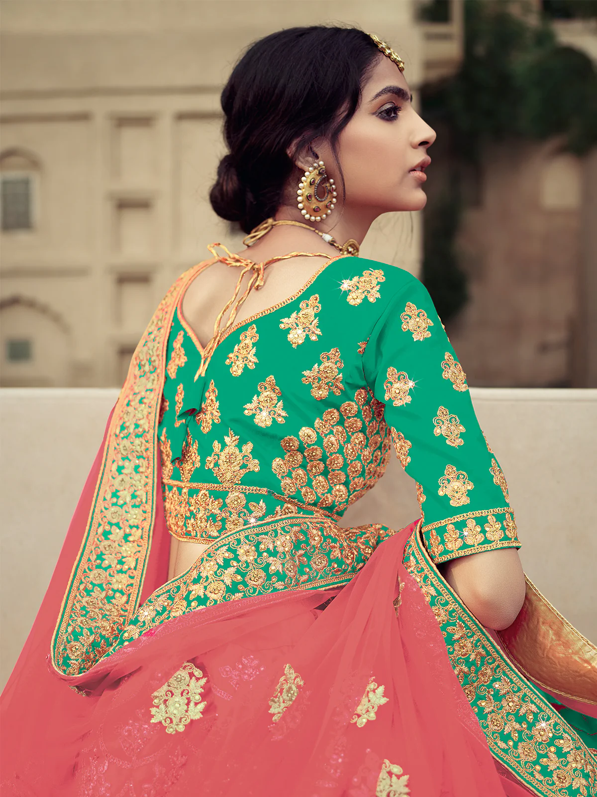 Odette Women Green Embroidered Semi Stitched Lehenga With Unstitched Blouse - Image 3