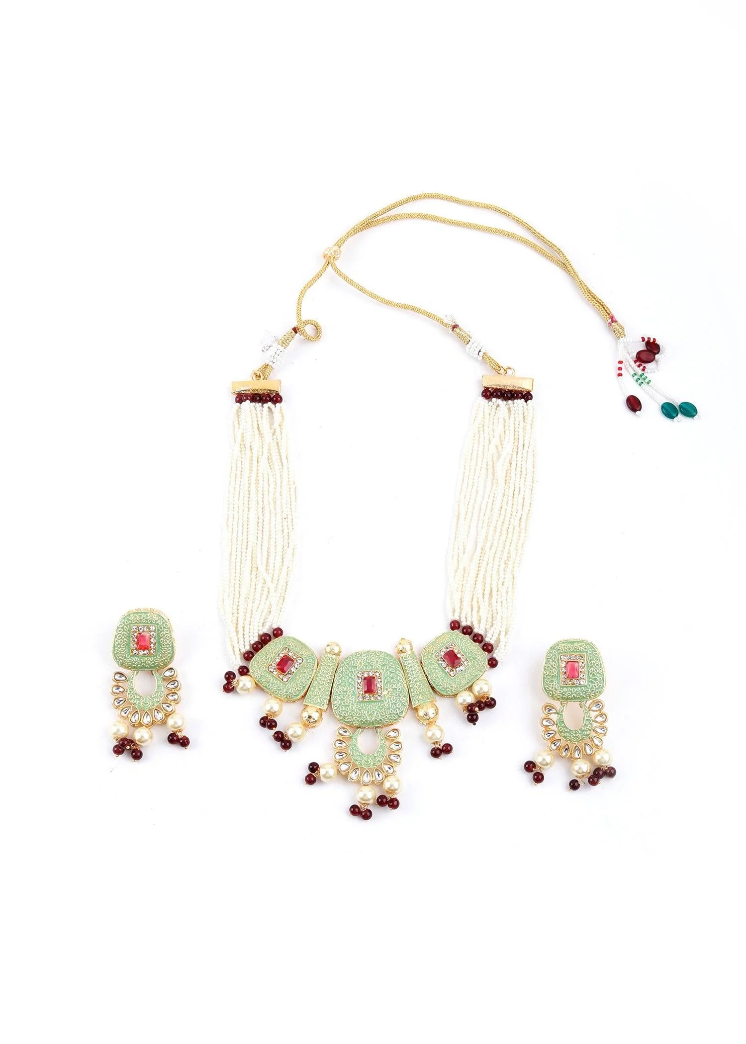 Odette Women Green Golden Kundan Necklace Set - Image 3
