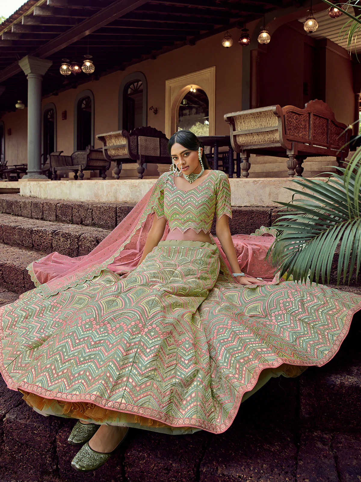 Odette Women Green Embroidered Organza Semi Stitched Lehenga With Unstitched Blouse - Image 2