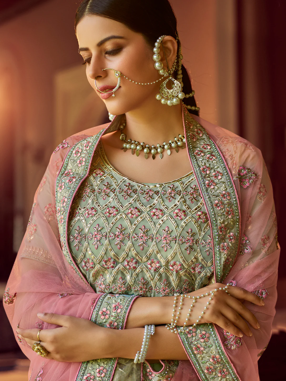 Odette Women Green Embroidered Georgette Semi Stitched Lehenga With Unstitched Blouse - Image 3