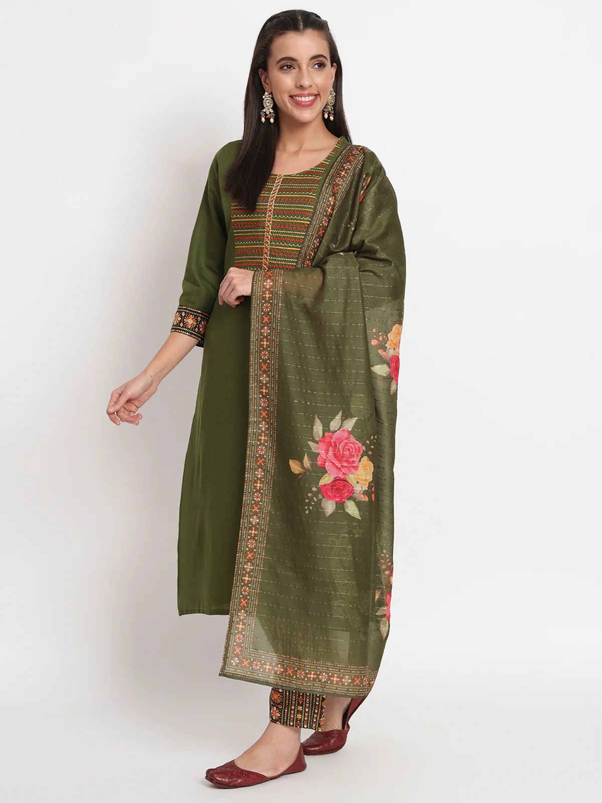 Odette Women Green Cotton Blend Embroidered Stitched Kurta Set - Image 2