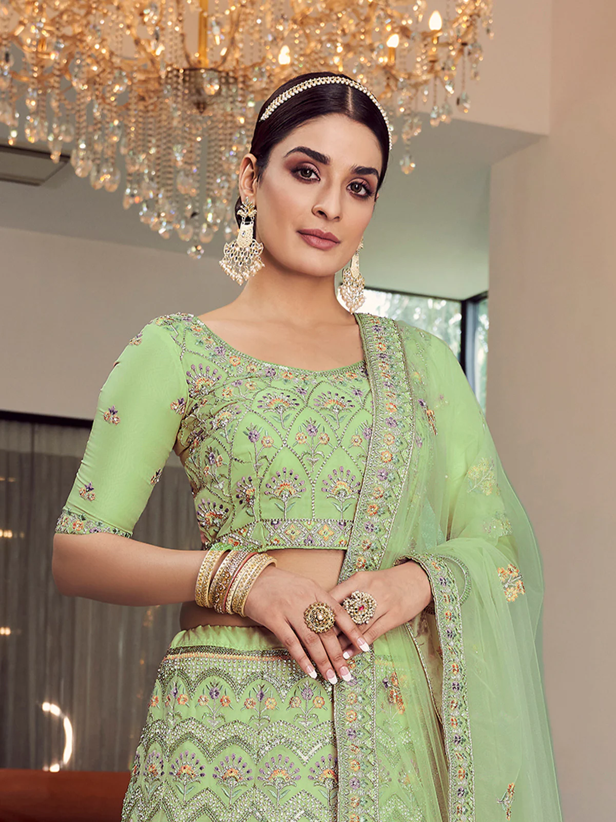 Odette Women Green Embroidered Organza Semi Stitched Lehenga With Unstitched Blouse - Image 2