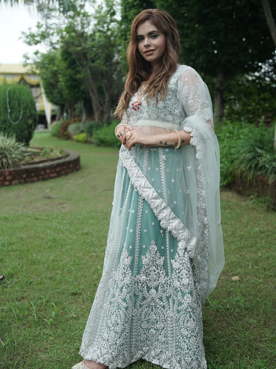 Odette Women Green Net Semi Stitched Lehenga With Unstitched Blouse - Image 3