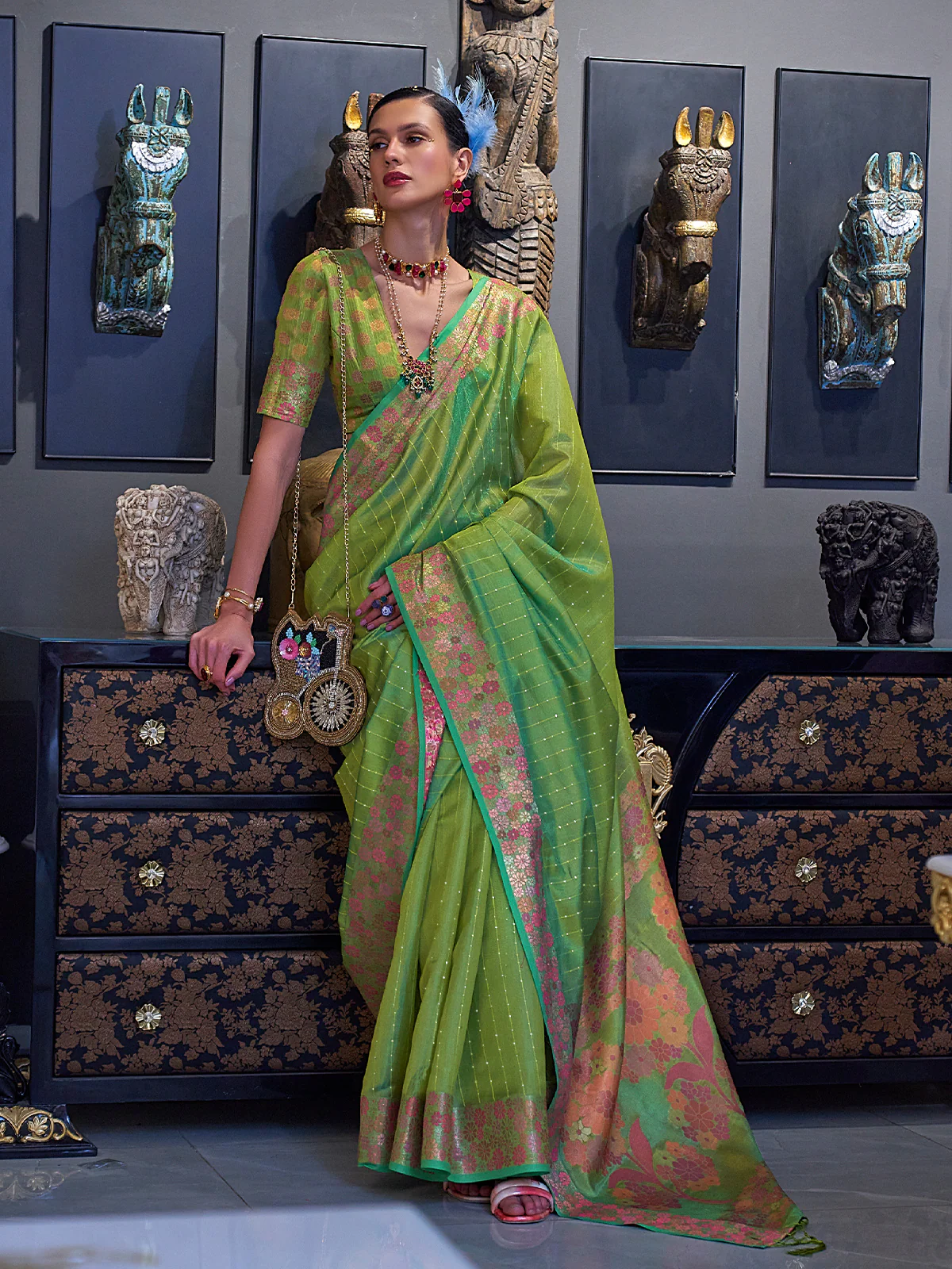 Odette Women Green Organza Woven Saree With Unstitched Blouse