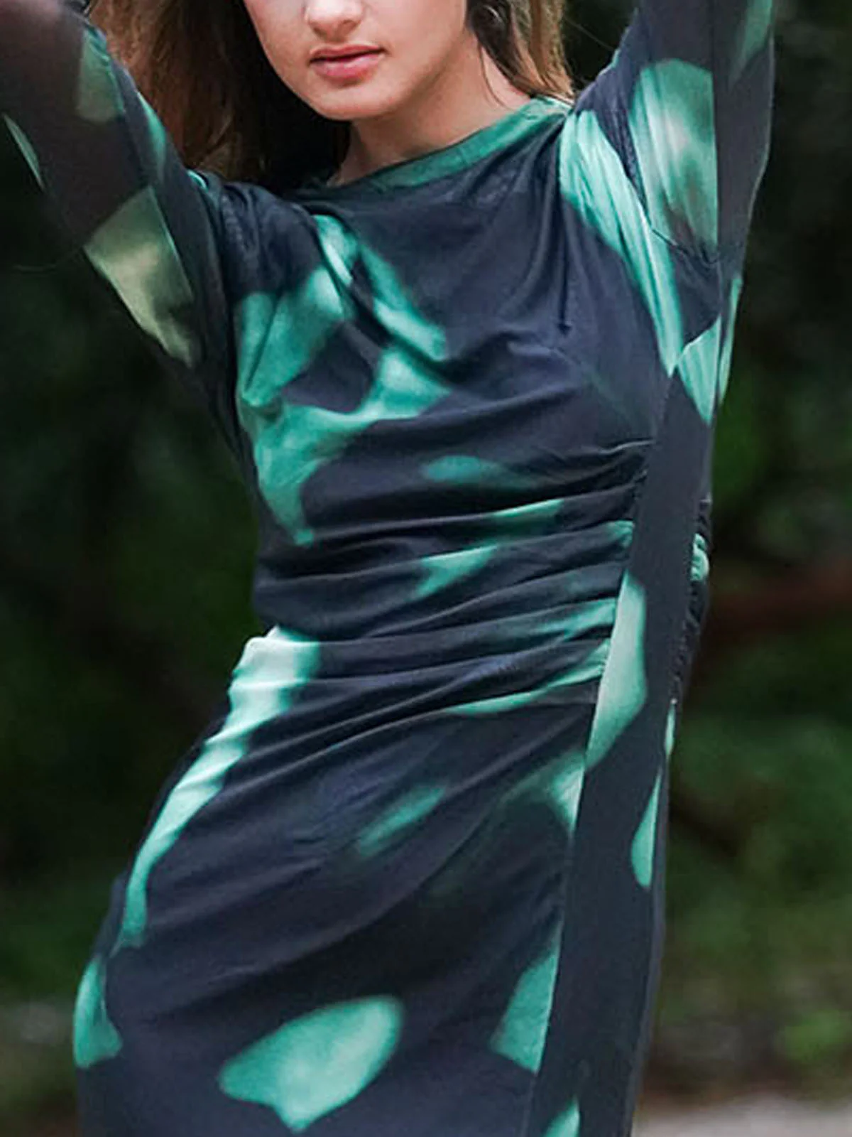 Odette Women Green Printed Net Lycra Stitched Dress - Image 5