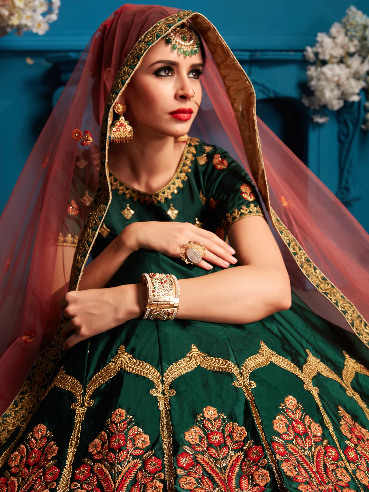Odette Women Green Resham,Zari,Stone Semi Stitched Lehenga With Unstitched Blouse - Image 3