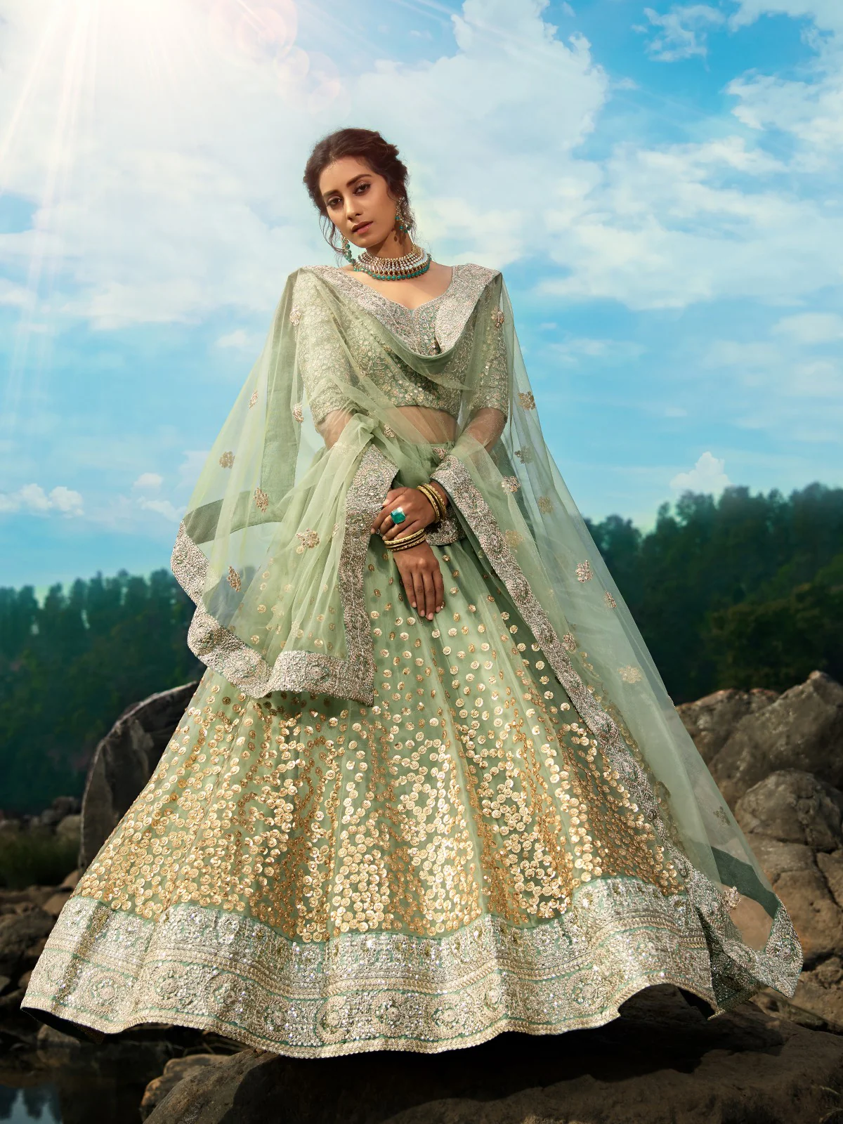 Odette Women Green Sequins Sassy Semi Stitched Lehenga With Unstitched Blouse - Image 2