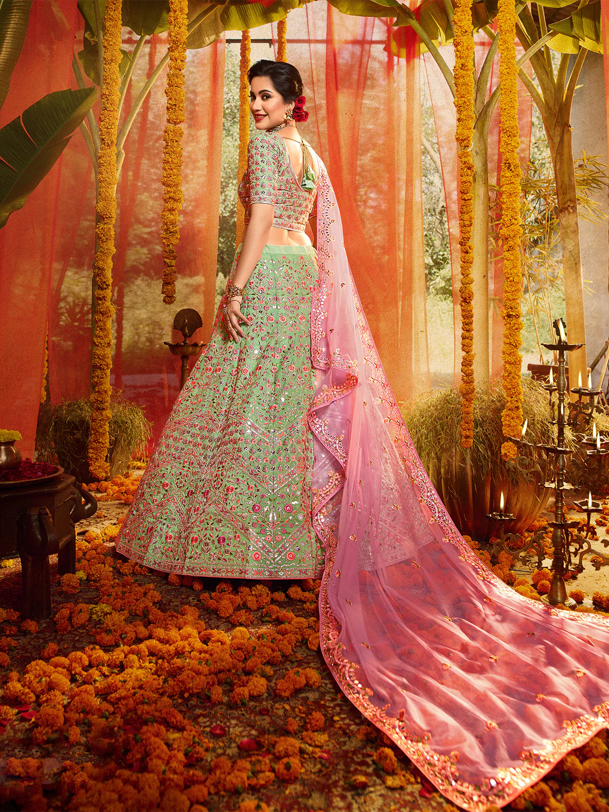 Odette Women Green Sequins Sassy Semi Stitched Lehenga With Unstitched Blouse - Image 3