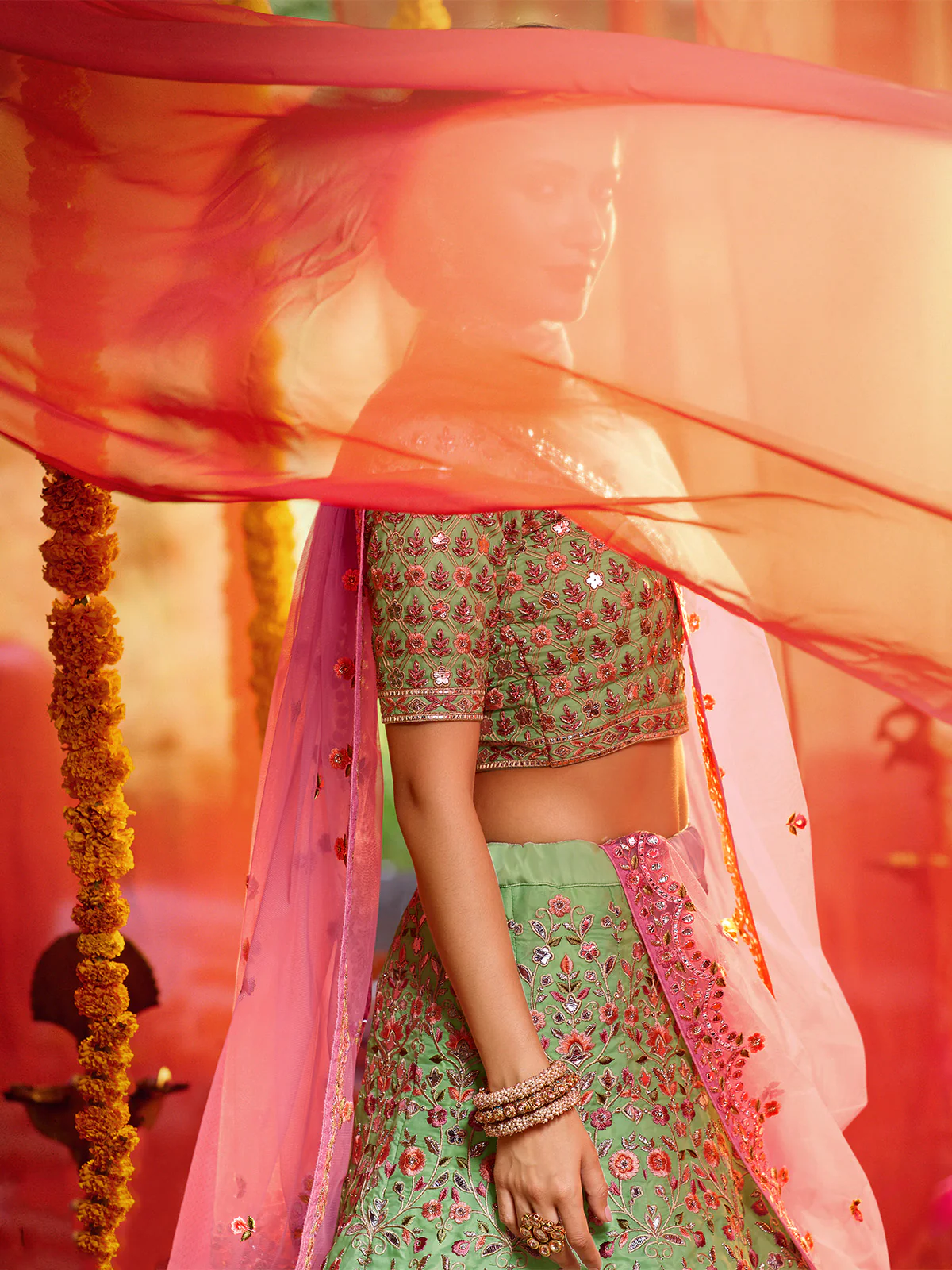 Odette Women Green Sequins Sassy Semi Stitched Lehenga With Unstitched Blouse - Image 5