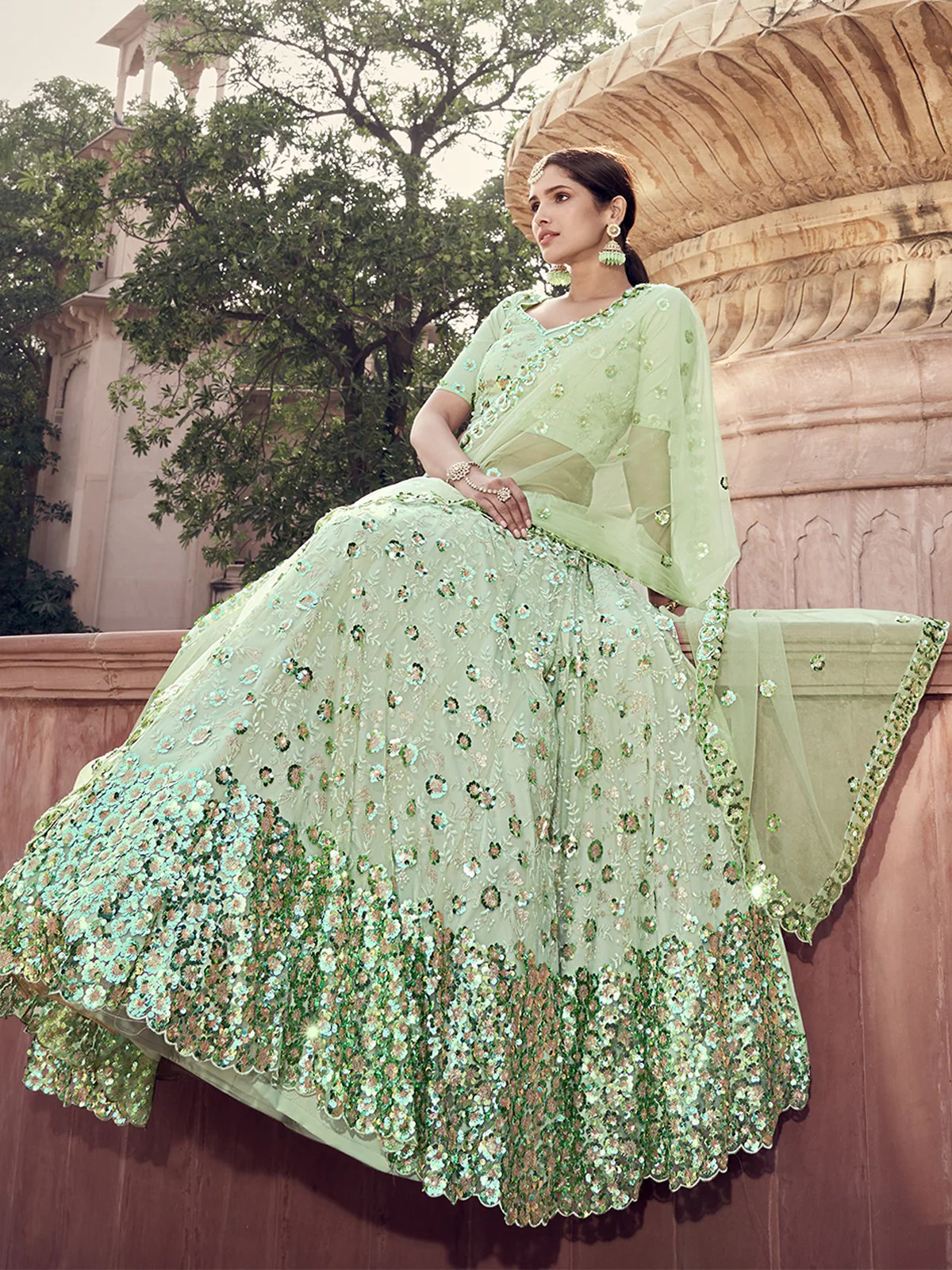 Odette Women Green Sequins Sassy Semi Stitched Lehenga With Unstitched Blouse - Image 4