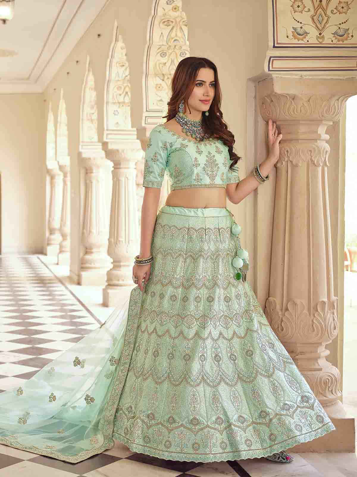 Odette Women Green Embroidered Crepe Semi Stitched Lehenga With Unstitched Blouse - Image 2