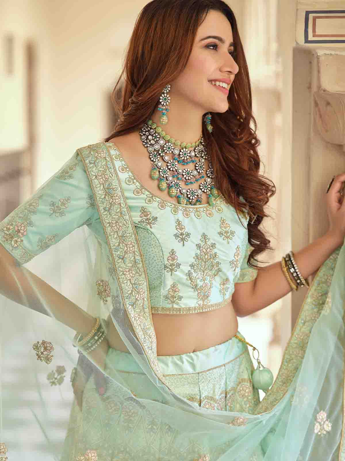 Odette Women Green Embroidered Crepe Semi Stitched Lehenga With Unstitched Blouse - Image 3