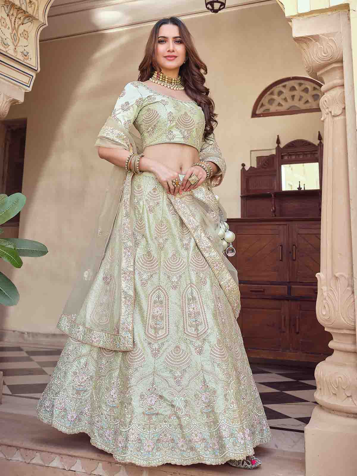 Odette Women Green Crepe Embroidered Semi Stitched Lehenga With Unstitched Blouse