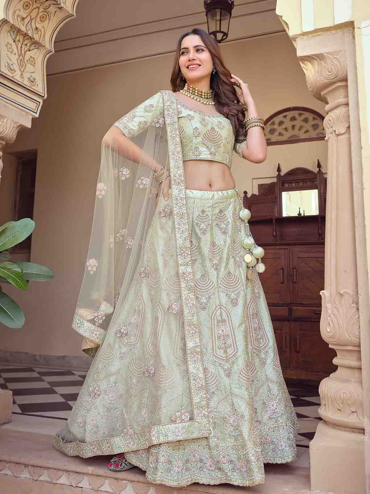Odette Women Green Crepe Embroidered Semi Stitched Lehenga With Unstitched Blouse - Image 2