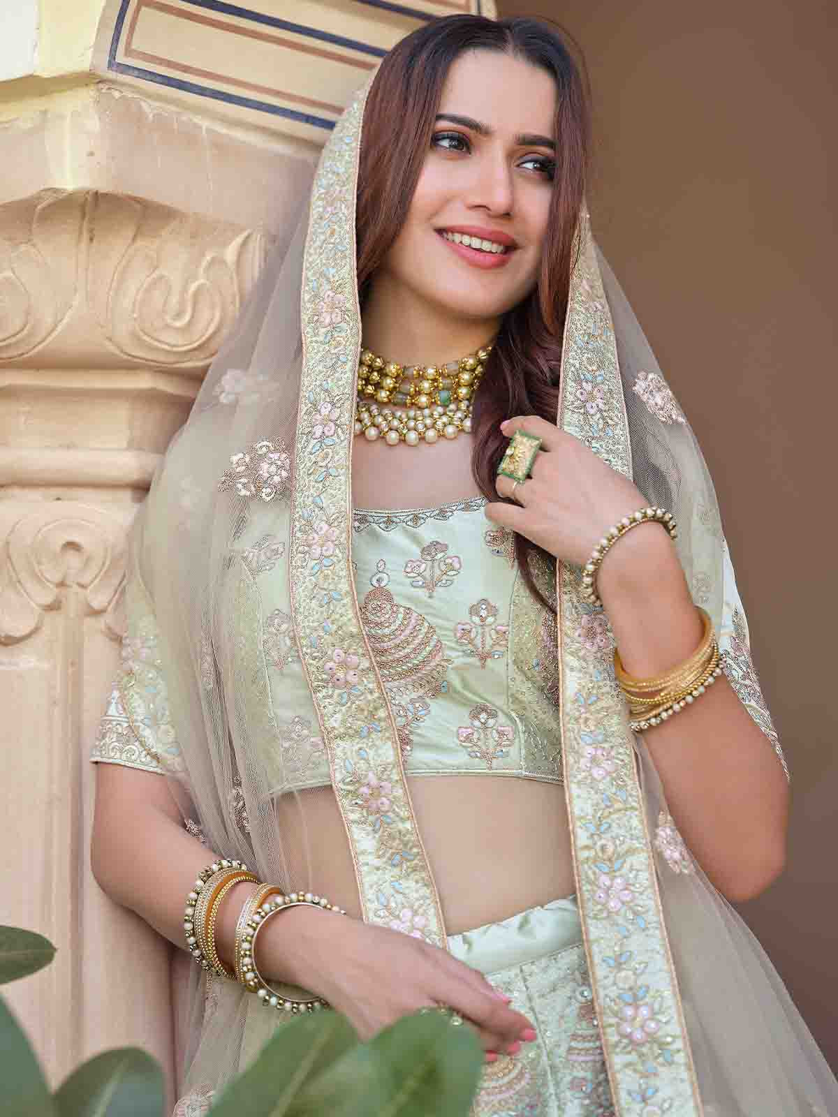 Odette Women Green Crepe Embroidered Semi Stitched Lehenga With Unstitched Blouse - Image 3