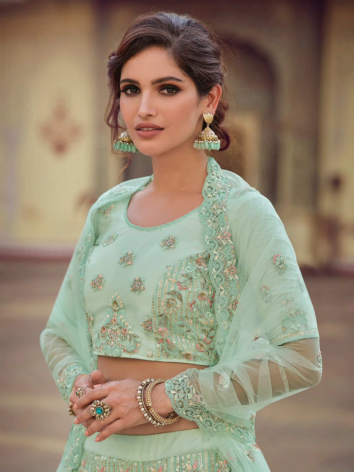Odette Women Green Embroidered Soft Net Semi Stitched Lehenga With Unstitched Blouse - Image 3
