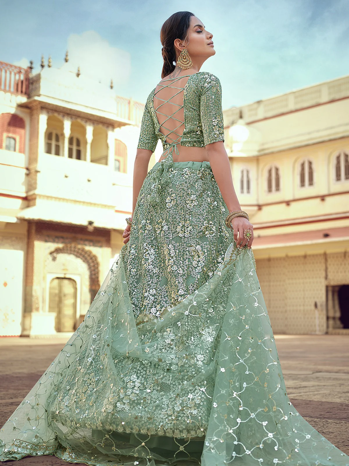 Odette Women Green Embroidered Semi Stitched Lehenga With Unstitched Blouse - Image 2
