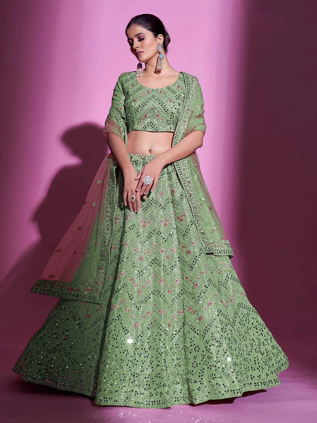 Odette Women Green Silk Blend Embroidered Semi Stitched Lehenga With Unstitched Blouse - Image 2