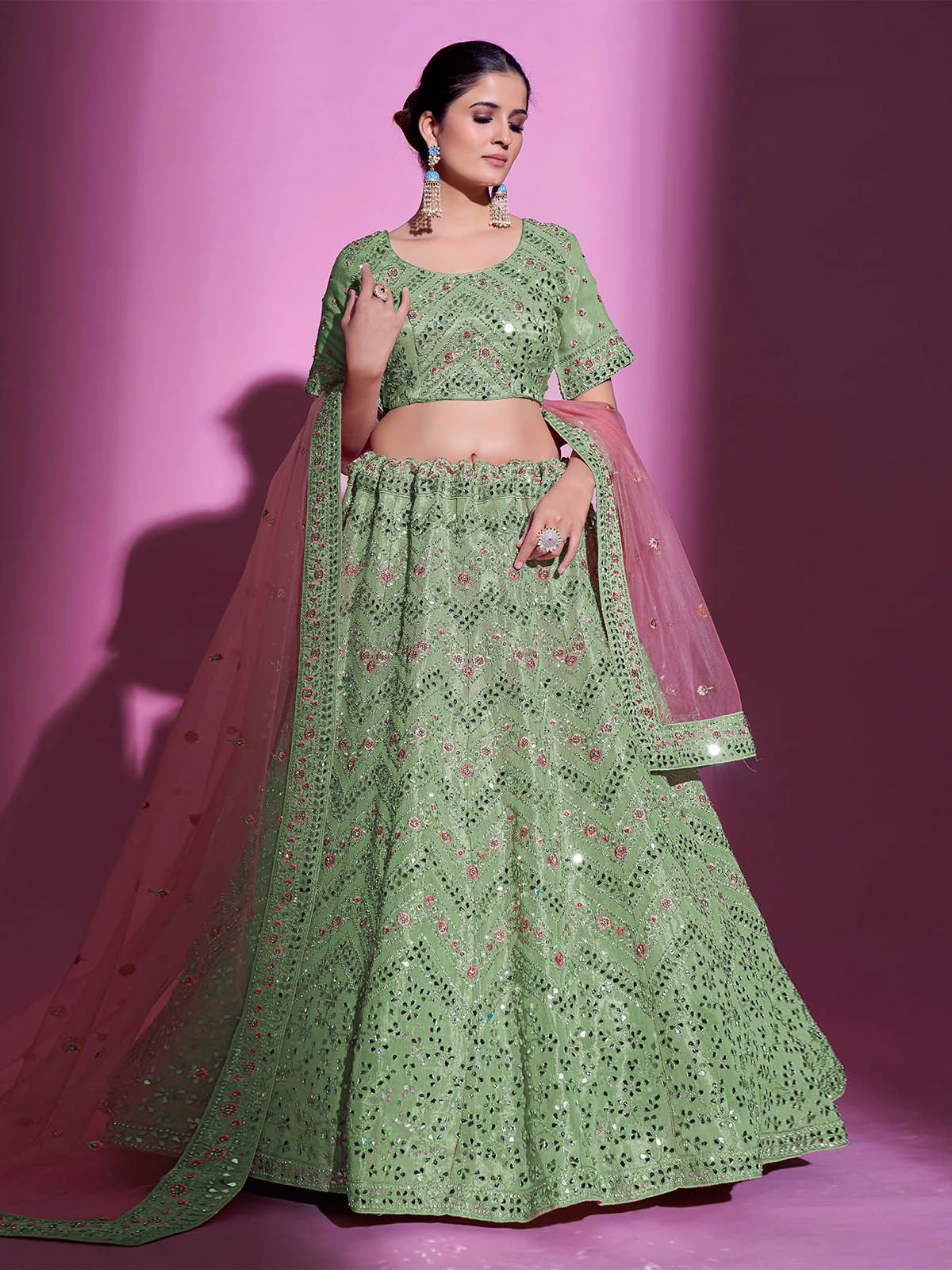Odette Women Green Silk Blend Embroidered Semi Stitched Lehenga With Unstitched Blouse - Image 3
