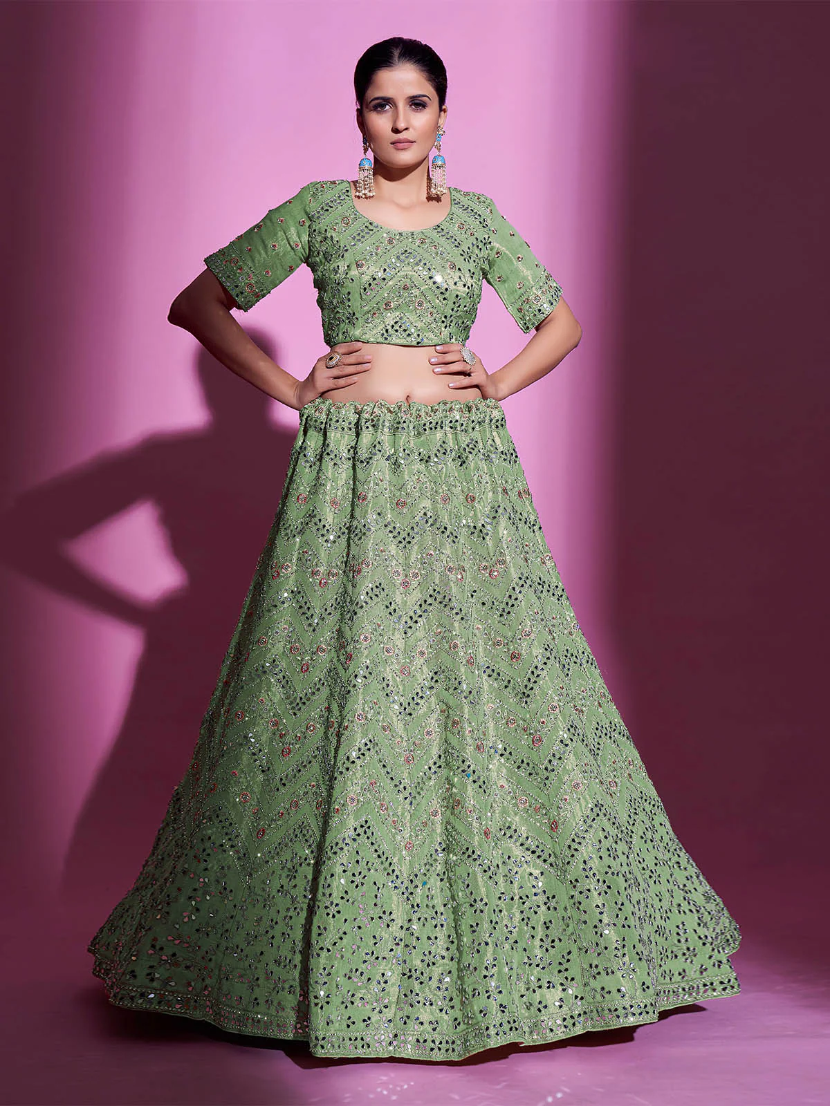 Odette Women Green Silk Blend Embroidered Semi Stitched Lehenga With Unstitched Blouse - Image 4
