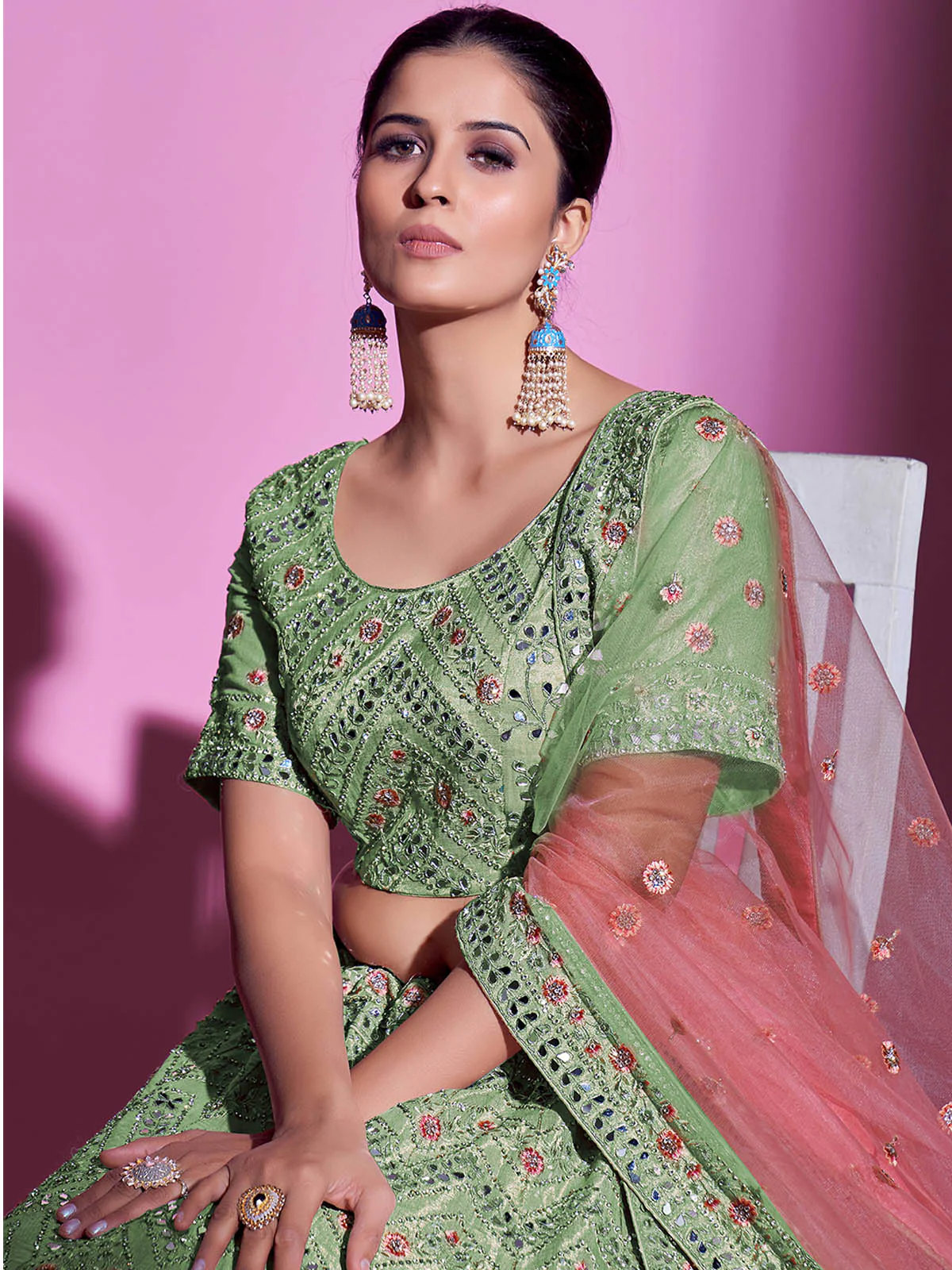 Odette Women Green Silk Blend Embroidered Semi Stitched Lehenga With Unstitched Blouse - Image 6