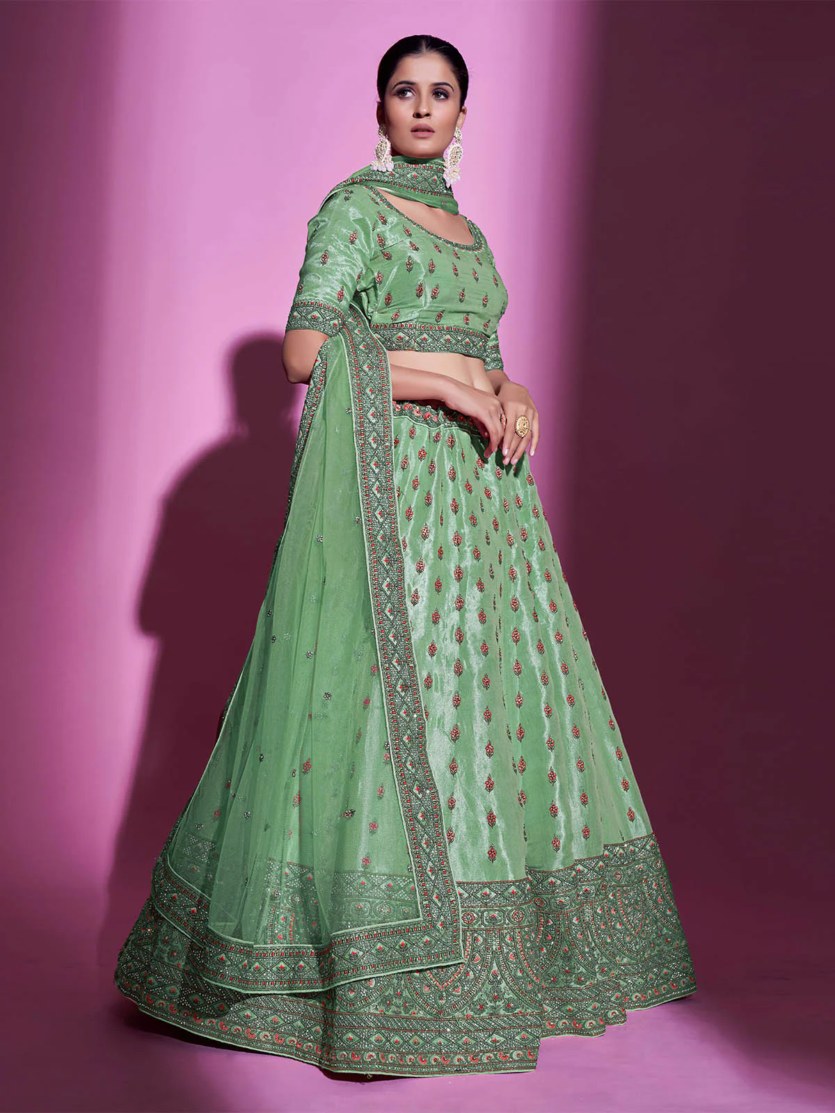 Odette Women Green Silk Blend Embroidered Semi Stitched Lehenga With Unstitched Blouse - Image 3