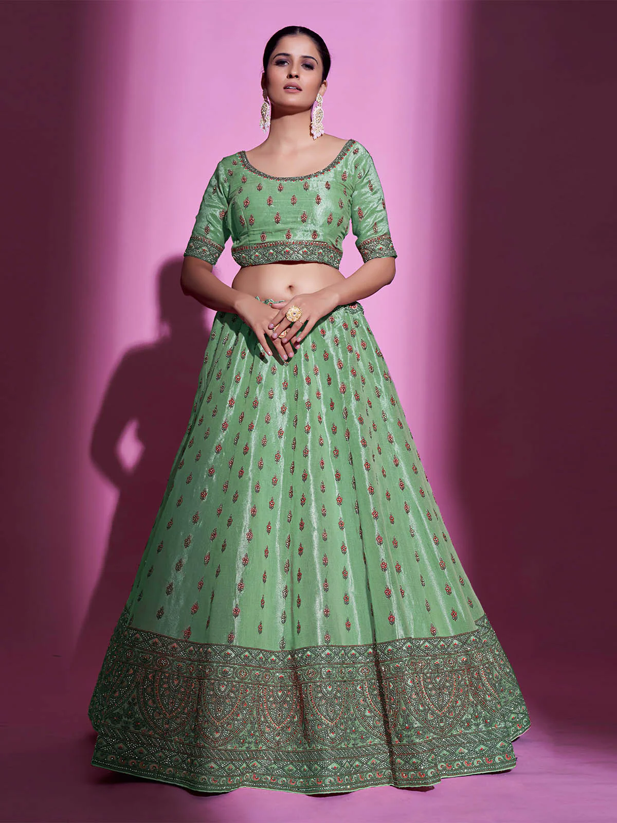 Odette Women Green Silk Blend Embroidered Semi Stitched Lehenga With Unstitched Blouse - Image 4