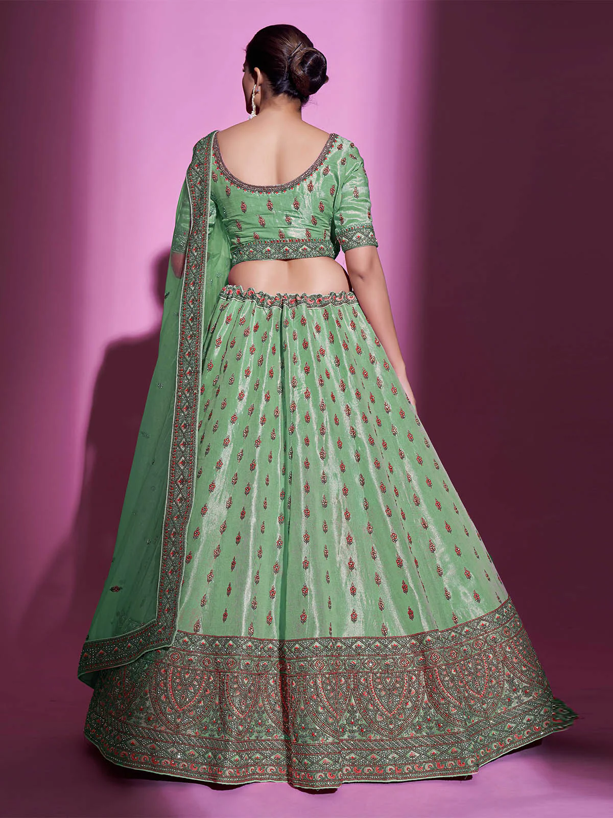 Odette Women Green Silk Blend Embroidered Semi Stitched Lehenga With Unstitched Blouse - Image 5